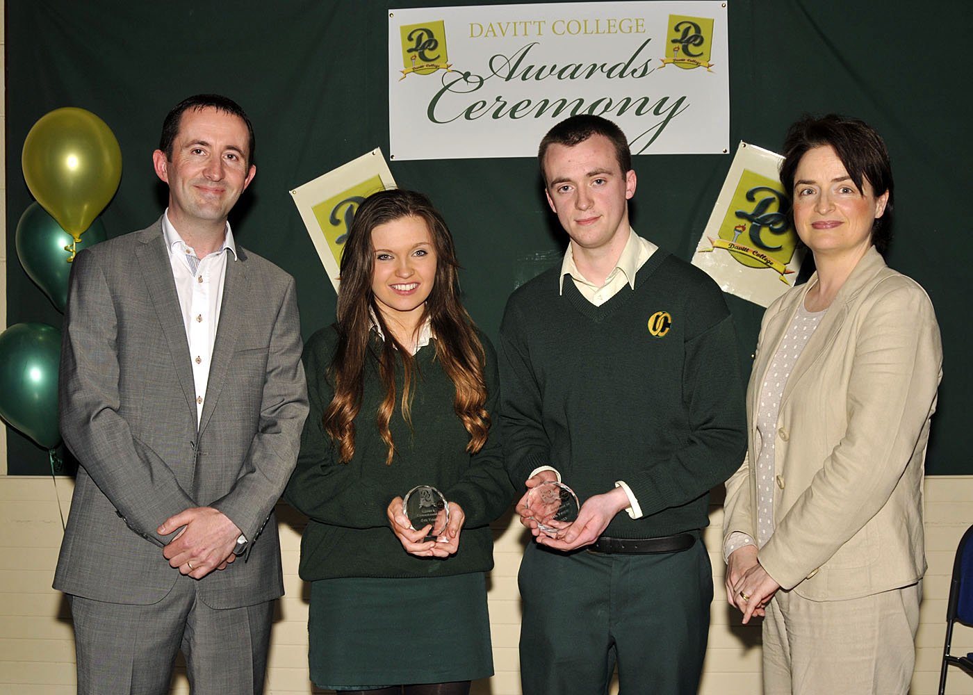 Davitt College awards 2013, l-r; Ger Munnelly, teacher, Aoife O’Connell & Michael McDonagh(Effort and Commitment in 6th year award) and Maria Carey, teacher. Photo © Ken Wright Photography 2013.