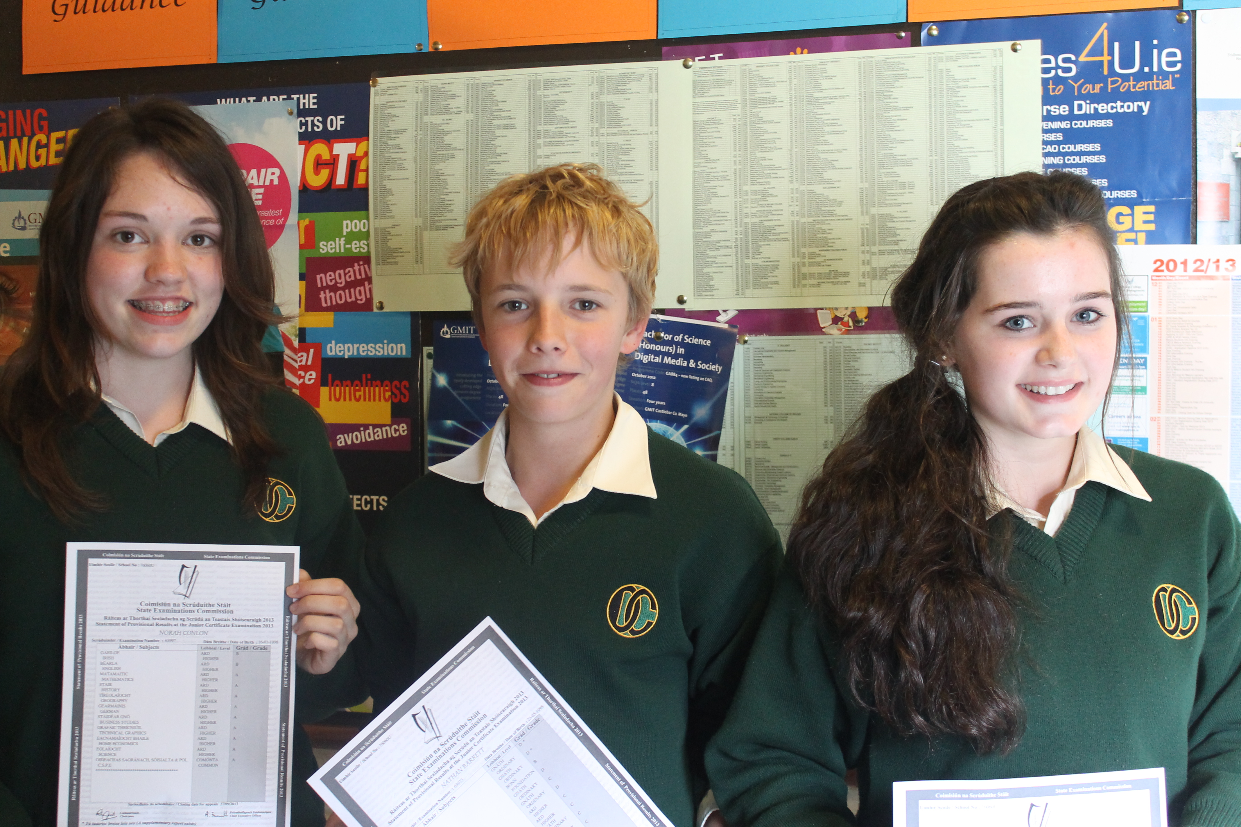 Pictured (from Left) Norah Conlon, Sam Belton and Meaghan Coen of Davitt College, Castlebar celebrate their excellent Junior Certificate results 2013.