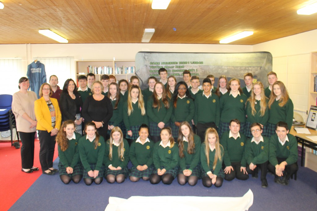 Pictured at the Forensic Science Workshop are Ms. Pauline Boyle, Biology and Agricultural Science Teacher; Ms. Martina Kelly, Chemistry and Biology Teacher; Mr. Aaron Tonry, Physics Teacher; Mrs. Caitriona O’Donnell, Chemistry Teacher; Ms. Alison Leck, Forensic Scientist and Transition Year students participating in the workshop. 